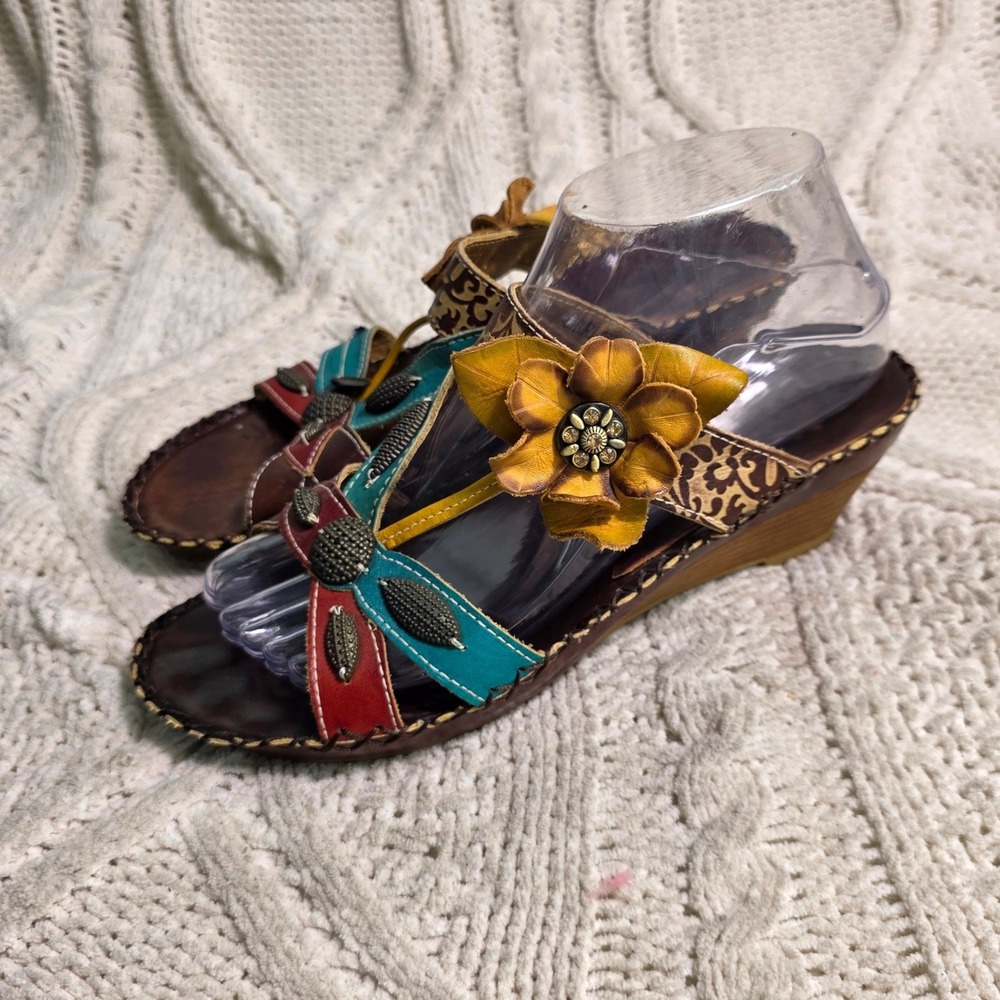 Spring Step Wedge Sandals Leather Red Yellow Teal 3D Flowers‎ Womens 38 7-7.5